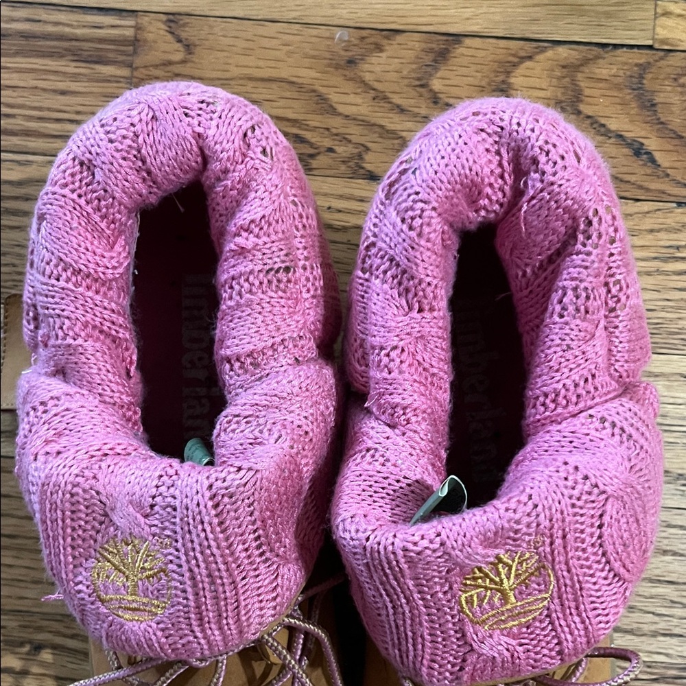 Timberland Wheat Suede Boots with Pink Knit Cuff - Picture 5 of 7